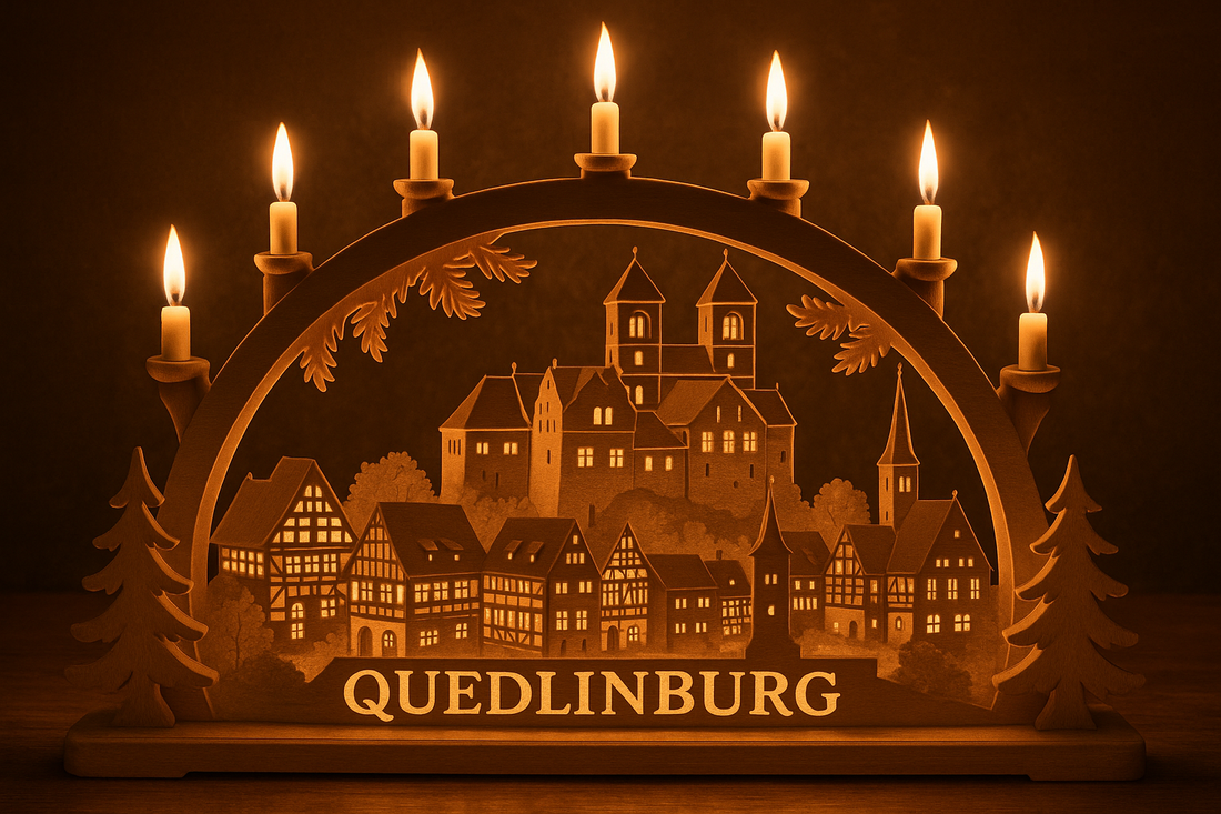 Schwibbogen mit Motiv Quedlinburg im Advent, gemütlich mit Kerzen beleuchtet