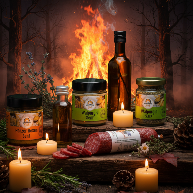 Walpurgis-Set mit Hexen-Senf und Walpurgis-Senf, Wild-Salami und Walpurgis-salz vor Bäumen &amp; Feuer